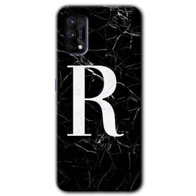 Realme 7 Pro Siyah Mermer Desenli R Harfi Baskılı Uyumlu Silikon Kılıf