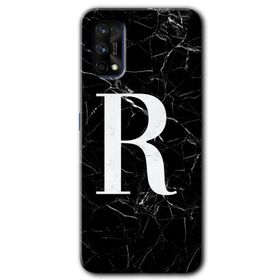 Realme 7 Pro Siyah Mermer Desenli R Harfi Baskılı Uyumlu Silikon Kılıf
