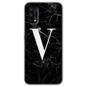 Realme 7 Pro Siyah Mermer Desenli V Harfi Baskılı Uyumlu Silikon Kılıf