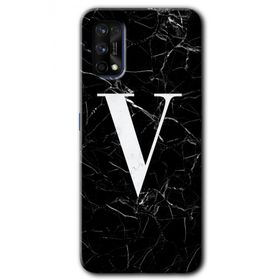 Realme 7 Pro Siyah Mermer Desenli V Harfi Baskılı Uyumlu Silikon Kılıf