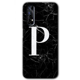 Realme 7 Siyah Mermer Desenli P Harfi Baskılı Uyumlu Silikon Kılıf