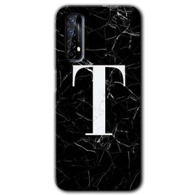 Realme 7 Siyah Mermer Desenli T Harfi Baskılı Uyumlu Silikon Kılıf