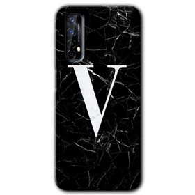 Realme 7 Siyah Mermer Desenli V Harfi Baskılı Uyumlu Silikon Kılıf