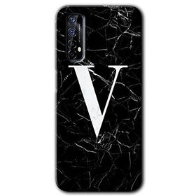 Realme 7 Siyah Mermer Desenli V Harfi Baskılı Uyumlu Silikon Kılıf