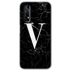 Realme 7 Siyah Mermer Desenli V Harfi Baskılı Uyumlu Silikon Kılıf