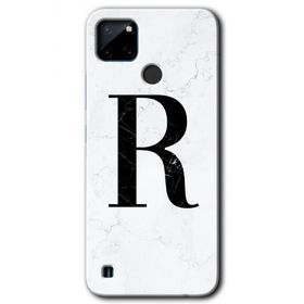Realme C21 Beyaz Mermer Desenli R Harfi Baskılı Uyumlu Silikon Kılıf