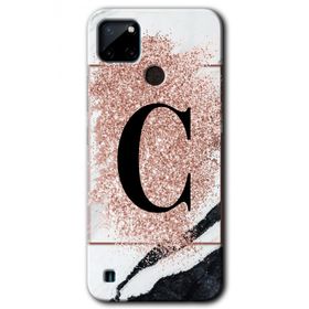 Realme C21 Pembe Mermer Desenli C Harfi Baskılı Uyumlu Silikon Kılıf