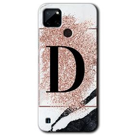 Realme C21 Pembe Mermer Desenli D Harfi Baskılı Uyumlu Silikon Kılıf