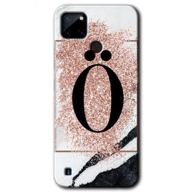 Realme C21 Pembe Mermer Desenli O Harfi Baskılı Uyumlu Silikon Kılıf