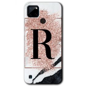 Realme C21 Pembe Mermer Desenli R Harfi Baskılı Uyumlu Silikon Kılıf