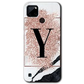 Realme C21 Pembe Mermer Desenli Y Harfi Baskılı Uyumlu Silikon Kılıf