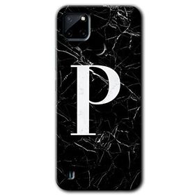 Realme C21 Siyah Mermer Desenli P Harfi Baskılı Uyumlu Silikon Kılıf