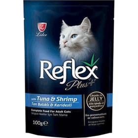 Reflex Plus 100 gr Pouch Parça Etli Ton Balıklı ve Karidesli Kedi Konservesi