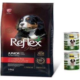 Reflex Plus Junior Kuzu Etli Pirinçli Büyük Irk 18 kg Yavru Köpek Maması + 2 Adet Konserve