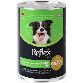 Reflex Plus Sos İçinde Et Parçacıklı Beyaz Balıklı ve Tatlı Patatesli 400 gr Yetişkin Köpek Maması