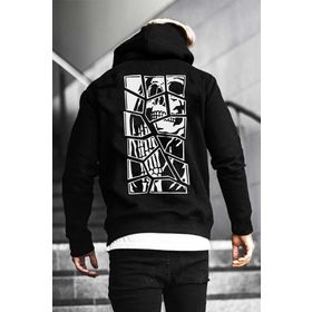 Relax Family xf Şardonlu Kumaş Skull Sırt Baskı Siyah Kapüşonlu Erkek Sweatshirt