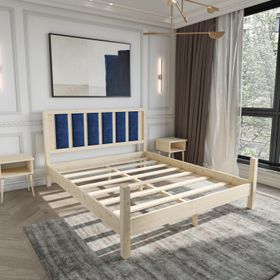 Renazzo Mobilya Orion Model 150x200 cm Lacivert Puflu Başlıklı Vernikli Çam Ahşap Karyola