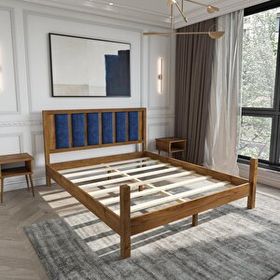 Renazzo Mobilya Orion Model 180x200 cm Lacivert Puflu Başlıklı Ceviz Renk Çam Ahşap Karyola
