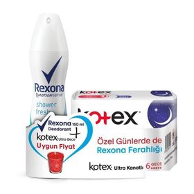Rexona Shower Fresh 150 ml Kadın Deodorant + Kotex Ultra Kanatlı Gece 6'lı Ped