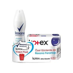 Rexona Shower Fresh 150 ml Kadın Deodorant + Kotex Ultra Kanatlı Gece 6'lı Ped