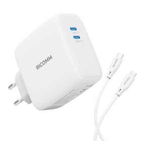 Ricomm 100W GaN 2 Portlu USB-C QC5.0 PD Type-C Beyaz Hızlı Şarj Cihazı + 100W Şarj Kablosu
