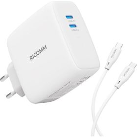 Ricomm 100W GaN 2 Portlu USB-C QC5.0 PD Type-C Beyaz Hızlı Şarj Cihazı + 100W Şarj Kablosu