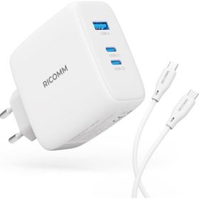 Ricomm 120W GaN 3 Portlu USB-C + USB-A QC3.0 PPS Beyaz Hızlı Şarj Aleti + Type-C to Type-C 100W Şarj Kablosu