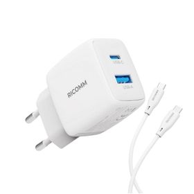 Ricomm 25 W GAN USB-C+USB-A PPS PD Hızlı Şarj Cihazı+2 mt Type-C 60 W Şarj Kablosu
