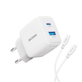 Ricomm 25 W GAN USB-C+USB-A PPS PD Hızlı Şarj Cihazı+2 mt Type-C 60 W Şarj Kablosu