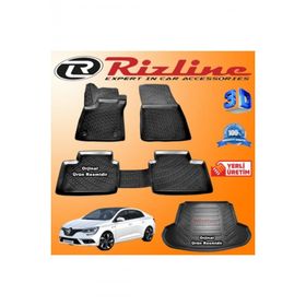 Rizline Megane 4 3D Paspas + 3D Çift Kulaklı Bagaj Havuzu Sedan 2016 Sonrası Siyah Set