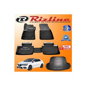 Rizline Megane 4 3D Paspas + 3D Çift Kulaklı Bagaj Havuzu Sedan 2016 Sonrası Siyah Set