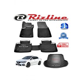 Rizline Megane 4 3D Paspas + 3D Çift Kulaklı Bagaj Havuzu Sedan 2016 Sonrası Siyah Set