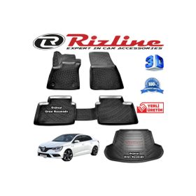 Rizline Megane 4 3D Paspas + 3D Çift Kulaklı Bagaj Havuzu Sedan 2016 Sonrası Siyah Set