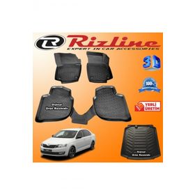 Rizline Skoda Rapid 3D Paspas + 3D Bagaj Havuzu Sedan 2013-2020 Arası Siyah Set