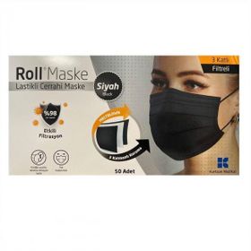 Roll 3 Katlı 50 Adet Lastikli Siyah Cerrahi Maske
