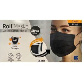 Roll 3 Katlı 50 Adet Lastikli Siyah Cerrahi Maske