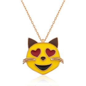 Rom Design 925 Ayar Kalp Gözlü Kedi Emoji Kadın Gümüş Kolye