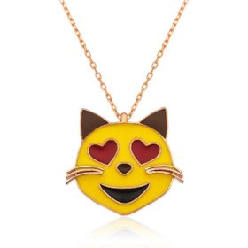 Rom Design 925 Ayar Kalp Gözlü Kedi Emoji Kadın Gümüş Kolye