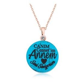 Rom Design 925 Ayar Turkuaz Taşlı Annem Yazılı Kadın Gümüş Kolye