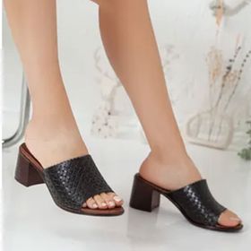 Rome Slippers RT-2202 Siyah Hakiki Deri Topuklu Günlük Kadın Terlik
