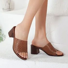 Rome Slippers RT-2202 Taba Hakiki Deri Topuklu Günlük Kadın Terlik