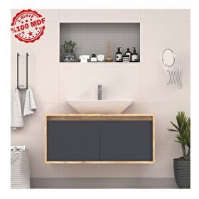 Roomart 100 cm Ahşap Antrasit Lavabolu Asma Banyo Dolabı