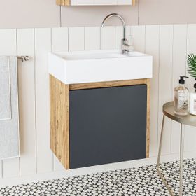 Roomart 50 cm Antrasit Ayaksız Tek Kapaklı Lavabolu Banyo Dolabı ve Aynalı Üst Dolabı