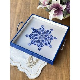 Rossev Queen Blue Flor Ahşap Kare Tepsi