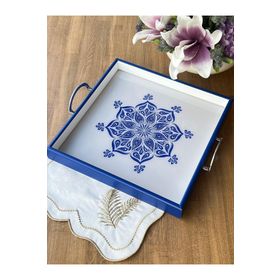 Rossev Queen Blue Flor Ahşap Kare Tepsi