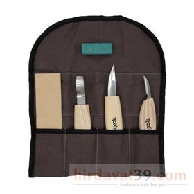 Rox Wood 5 Parça Bez Çantalı Ahşap Kaşık Kuksa Oyma Bıçağı Seti