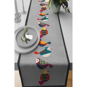 Rugviva RNR209 Elit Tay Tüyü Dokuma Leke Tutmaz Kumaş Runner Kuşlu Gri 40x140 cm Masa Örtüsü