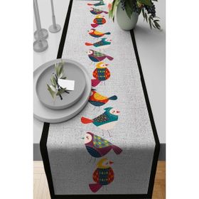 Rugviva RNR212 Leke Tutmaz Elit Tay Tüyü Dokuma Kumaş Runner Kuşlu Açık Gri 40x140 cm Masa Örtüsü