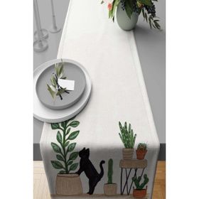 Rugviva RNR444 Runner Dokuma Leke Tutmaz Elit Tay Tüyü Kumaş Kaktüslü Kırık Beyaz 40x140 cm Masa Örtüsü