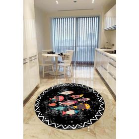Rugviva RVDR425 Siyah Kaymaz Tabanlı Makinede Yıkanabilir Balıklı Yuvarlak Halı